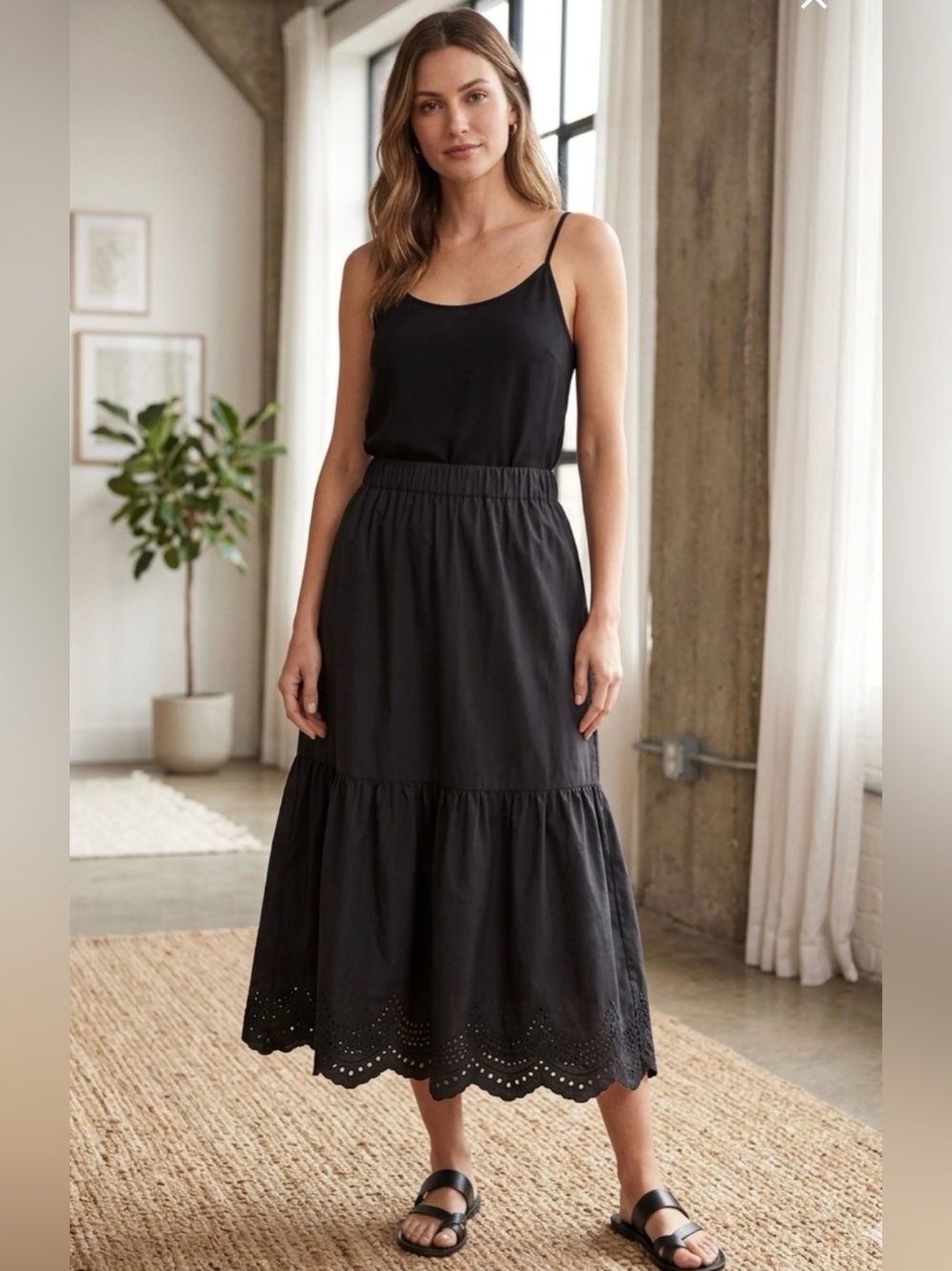 Rails Black Cotton Eyelet Tiered Midi Skirt Size Small